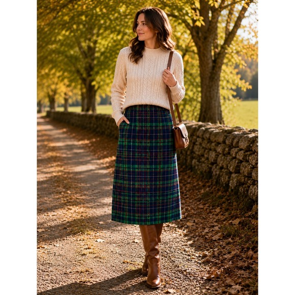 Pendleton Dresses & Skirts - Vintage Pendleton Wool Plaid Midi Skirt Green Navy Red Pockets Made in USA 12